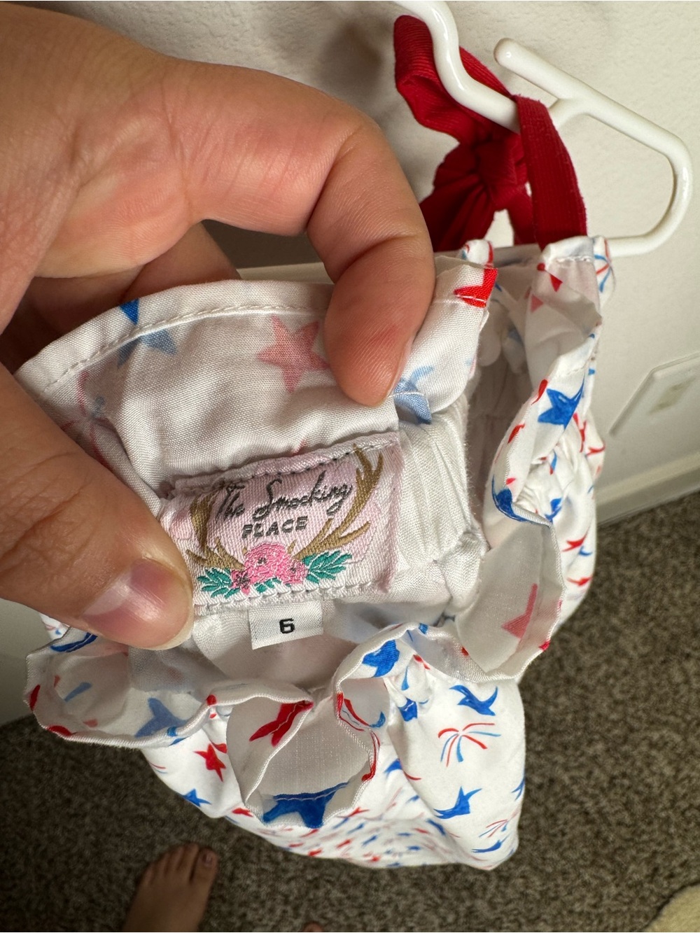 Girls White Star-Print Smocked Romper with Red Straps - Picture 2 of 3